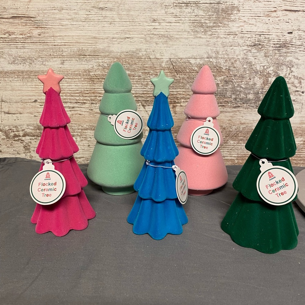 NWT Target Bullseye Playground 2024 Colorful Flocked Christmas Trees Set of 5